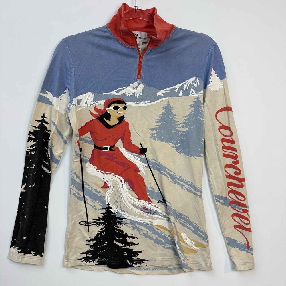 Neve Silk Wool Ski Base Layer Top M Retro Skier Graphic 1/4 Zip‎ Apres Ski